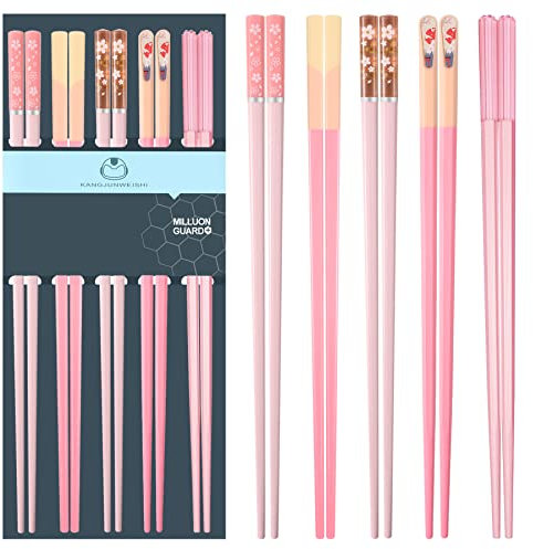 Slivek Wiederverwendbare Essstäbchen in Rosa, spülmaschinenfest, 24,3 cm, aus Fiberglas, rutschfest, leicht, Geschenk-Set für Partys, 5 Paar