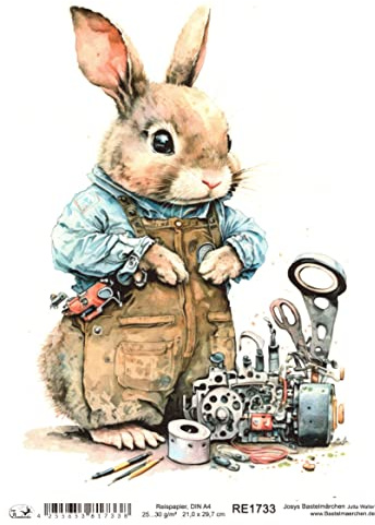 Josys Bastelmärchen Reispapier A4 Strohseide Decoupage Ostern Hase als Handwerker m. Werkzeug RE1733