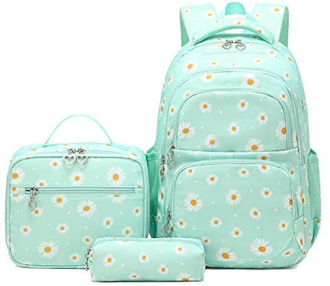 SIVENKE Ensemble sac à dos d'école imprimé marguerites avec sac à déjeuner, trousse à crayons, 3 pièces pour adolescents, filles, garçons, primaire, collège et école primaire, résistant à l'eau,