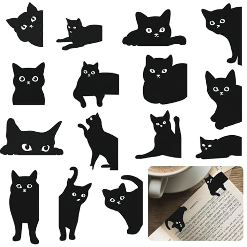 OUZHOU Lot de 15 marque-pages magnétiques chats - Noir - Papier, aimant doux - Cadeau pour enfants, enseignants, amateurs de livres et amateurs de chats
