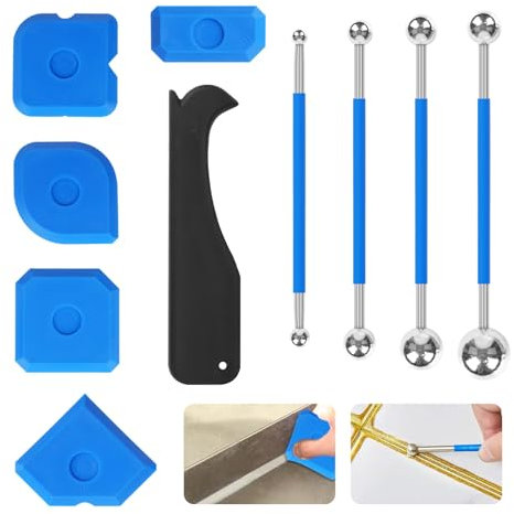 GOTFUN 10 Stück Werkzeug Schaber Kit Fugenglätter Set, Silikonfugen Abzieher Caulking Werkzeug Kit für Badezimmer, Küchenfliesen, Enthalten 4 Metallkugel Abzieher, 6 Silikon Fugenglätter (Blau)