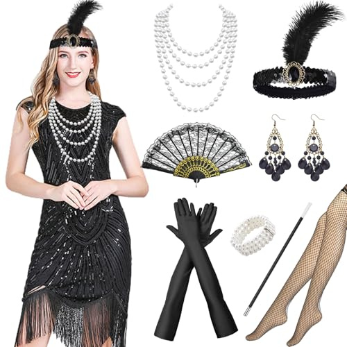 Antsparty 20er Jahre Kostüm Damen Gatsby Kleid, 1920er Charleston Kleid mit 20er Jahre Accessoires, Vintage Gatsby Karneval Kostüm Damen Faschingskostüme