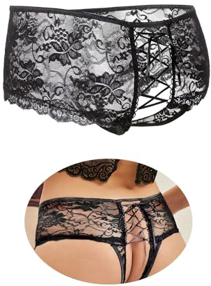 ohyeahlady French Knickers Women Plus Size Cross Back Bikini Briefs Sexy Thongs Hipster Pantie Sheer Floral Lace Underwear Black Size 12 14