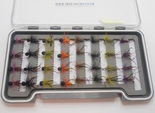 Barbless Hopper trout flies, 32 per boxed set, a mix of colours and sizes, good autumn fishing flies