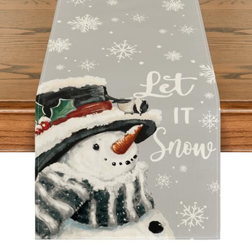 Artoid Mode Grau Schneemann Lass Es Schneien Weihnachten Tischläufer, Winter Xmas Küche Tisch Dekoration Drinnen Urlaub Party Dekor 40x100 cm