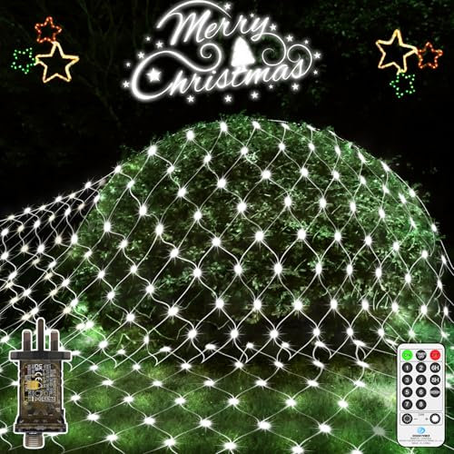 JXLEDAYY Christmas Net Lights Outdoor 200 LED 3Mx2M Mesh Fairy Lights Plug in with Remote Timer 8 Modes Waterproof for Outside Bush Tree Garden Yard Patio Wall Decorations-Cool White