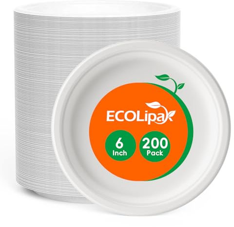 ECOLipak 6 Inch Disposable Compostable Small Paper Plates, 200 Pack Recycled Sugarcane Bagasse Biodegradable Heavy Duty Mini Dinner Appetizer Cake Dessert Plates for Party(White)