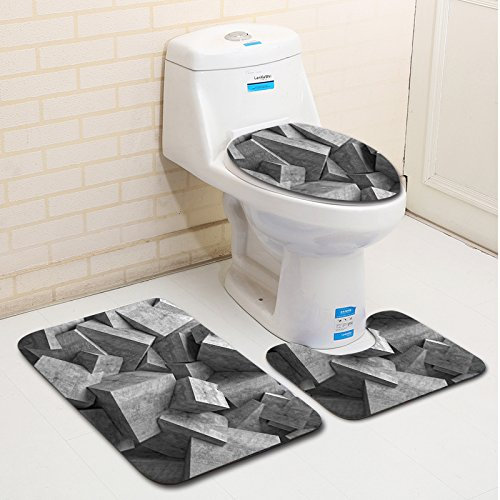 Bad Teppiche Set 3-Teiliges Graue Abstrakte Geometrie WC Vorleger Mit Ausschnitt Badematte Saugfähig WC Deckelbezug Badvorleger rutschfest Waschbar Toilettensitzbezug Badgarnitur (50x80cm)
