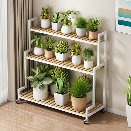 KADEUX Holz 3 Stufen Blumenständer, Große Pflanzenständer Blumenleiter, Modern Blumentreppe Schwarz/weiß Blumenbank, Ablageregal Für Blumentopf(White,60cm)