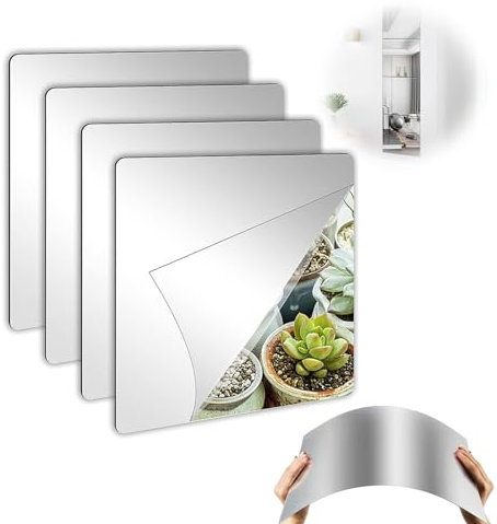 Acryl-Spiegelfliesen, Selbstklebender quadratischer Spiegel (15 x 15 cm) für die Badezimmerwand – 4er-Set, dekorativer DIY-Spiegel zum Abziehen und Aufkleben, bruchsicher