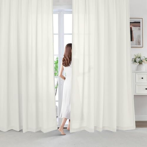 BellaHills Gardinen Weiß Voile Vorhänge Wohnzimmer mit Ösen Stores Gardinen Halbtransparent für Schlafzimmer Sheer Curtains 2er Set H225xB140cm Elfenbeinweiß