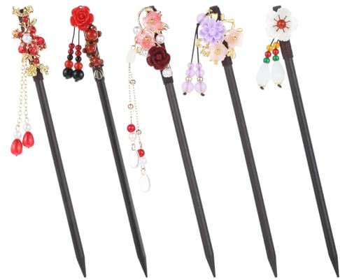 5 Stück Hand Haarnadel Haarstäbchen Chinesische Holzhaarnadeln für Frauen Retro-Holzhaarnadeln für Dutts japanische Blumenhaarstäbe Quaste, Chinese Hair Accessories Blumen-Vintage-Haarnadeln
