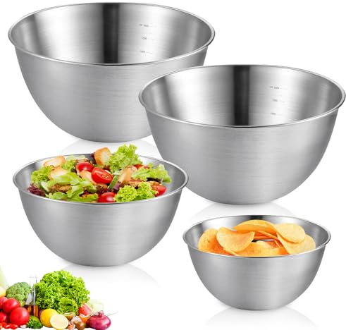 SUNOYA Ciotola in acciaio inox, 4 ciotole, insalatiere 0,8 L/1,2 L/1,5 L, ciotola in metallo, ciotola in acciaio inox con scala per mescolare macedonia, riso e pasta
