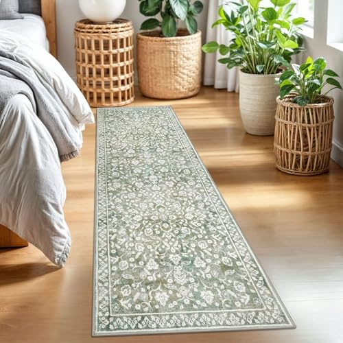SILOLOOM Vintage 2x7 Runner Rug, Sage Green Beige Washable Runners for hallways, Super Soft Kitchen Runner Rug Non Slip, Print Faux Wool Floral Thin Carpet Runner for Entryway Indoor Bedside Runner