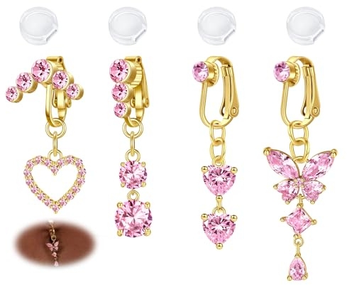 AVYRING 4 Pièces Bijoux de Piercing Nombril Faux, Clips Argentés et Dorés pour Femmes, en Acier Chirurgical 316L, avec Cœur, Papillon et Cristal CZ Rose