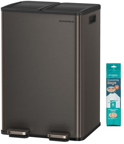 SONGMICS Cestino da Cucina, 2 x 30 L, 2 Scomparti, Pattumiera a Pedale con Coperchio a Chiusura Morbida e Secchio Interno, Acciaio Inossidabile, 15 Sacchi Inclusi, Grigio Ardesia LTB741G01