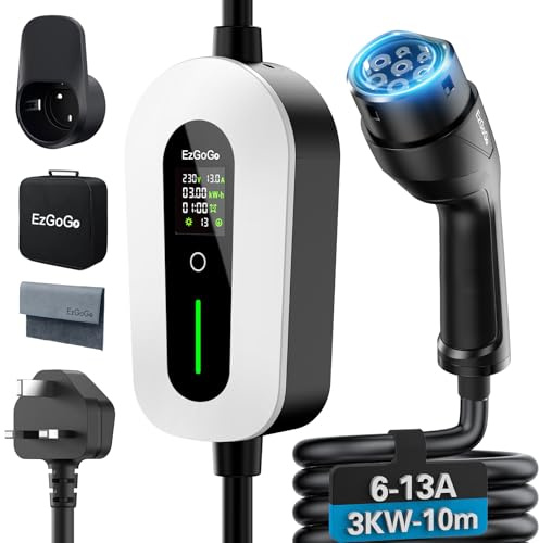 EzGoGo EV Charger Cable Type 2 to 3 Pin Plug 32.81Ft/10M Electric Car Charger 3kW, [6/8/10/13A] Type 2 Charging Cable 3 Pin IP65 Advanced Protection Suitable for EVs & PHEVs