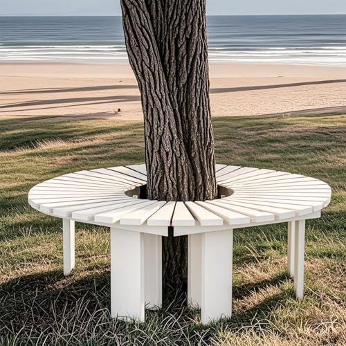 Yopappol Halbrunde runde Bank, um die Baumbank herum, Garten-Freizeitbank im Freien, Lattensitz aus Massivholz für Hof, Terrasse, Deck, Rasen, Yary(Weiß,Half Round)