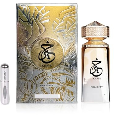 Perfume Khair Felicity Eau de Parfum 100 ml, Perfume Unisex de Larga Duración, Incluye Atomizador Recargable 5ML, Fragancia Oriental Floral con Notas Dulces, Ámbar y Madera (Felicity)