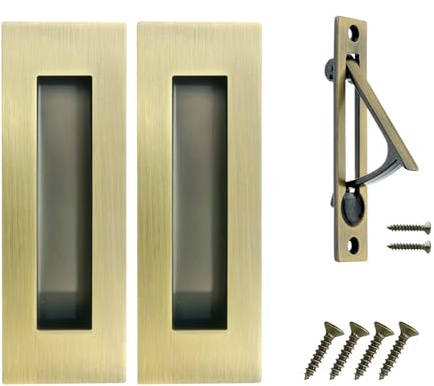 Pocket Door Pull and Edge Pull Antique Brass Set, 6Inch Handles Hardware Latch,Recessed Finger Flush Pulls,for Closet,Sliding,Barn Door
