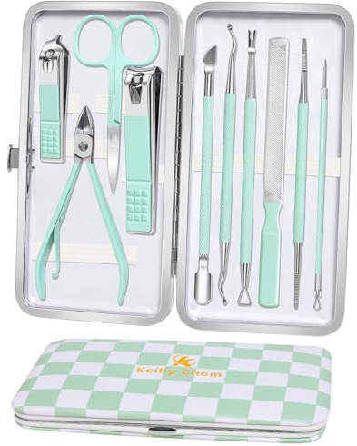 Manicure Set Professional Nail Clippers Kit -10Pcs Pedicure Care Tools Stainless Steel Women Grooming Kit for Travel or Home (Green White-10pcs)