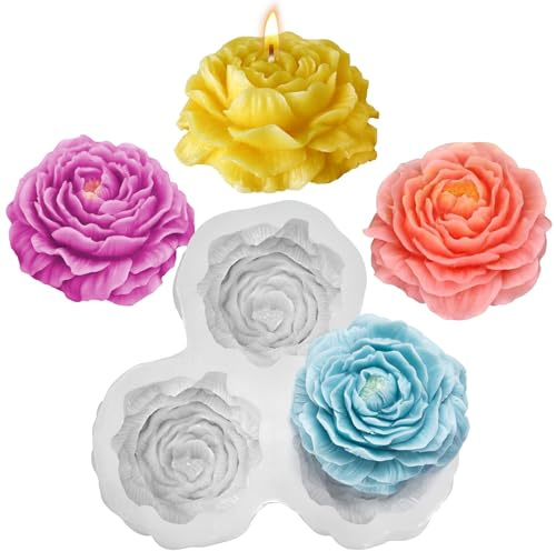 3D silikonform blommor pion, 3 kammare silikonblommor för ljus tvål vax gips harts, silikon gjutformar blomma ljus ros nejlika pion, gjutformar 3D gör-det-själv pysseltillbehör