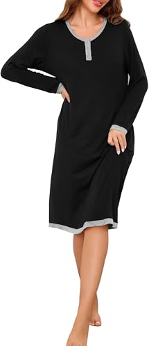 Wikoan Camicia da Notte Donna Invernale Scollo Rotondo e Bottoni S-3XL | Camicia da Donna Lunga Camicia da Notte Morbida