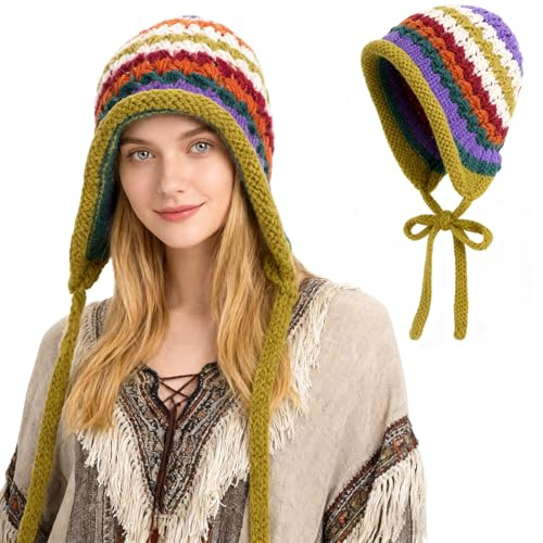 TAGVO Damen Beanie Boho Häkelmütze Ethno Stil mit Kinnband – Atmungsaktive Herbst Winter Mütze