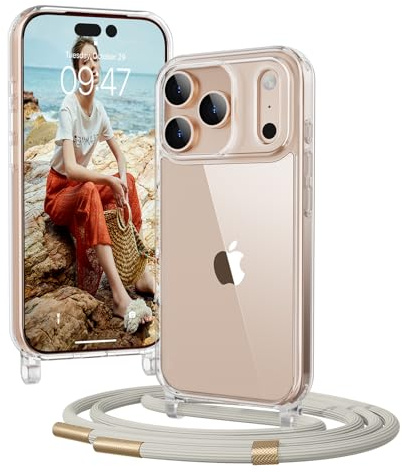OLEPHY Handykette für iPhone 17 Pro Hülle mit Band, Beige | Necklace Handyhülle, Transparente Schutzhülle zum Umhängen [Verstellbarem und Demontage Umhängeband],