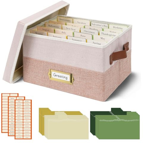 Vienrose Caja Organizadora de Tarjetas de Felicitación de Lino con 20 Separadores Extraíbles 84 Etiquetas Autoadhesivas Almacenamiento Plegable Ideal para Fotos, Sobres, Pegatinas y Postales (Rosa)