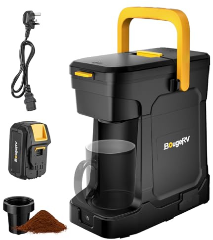 BougeRV Cordless Coffee Maker with 18V 144Wh Battery, Rechargeable Outdoor Drip Coffee Machine, Compatible with Pods & Ground Coffee, with UK Plug Charger, Portable for Camping RV Travel