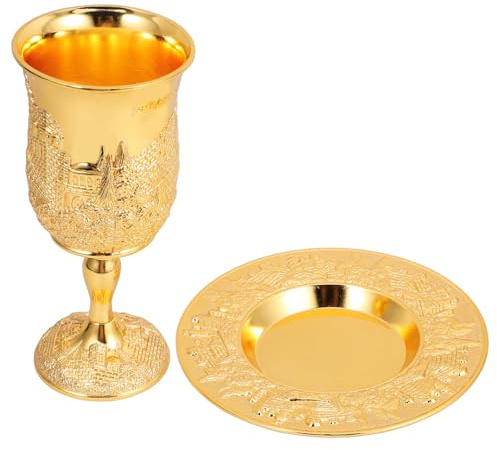 Garneck Copa de Kidush Metálica Dorada con Platillo Cáliz Decorativo para Shabat y Pésaj Copa Sagrada Vintage para Ceremonia Judía Set de 1 Unidad
