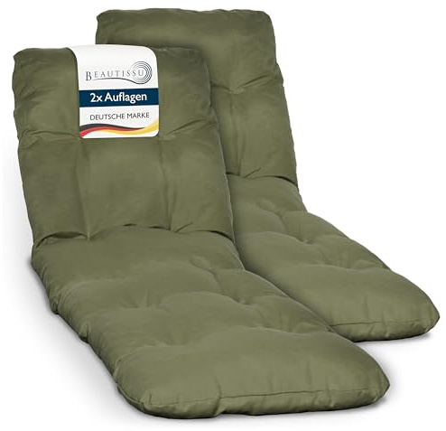 Beautissu 2X Auflage Sonnenliege Deckchair Liegenauflage für Gartenmöbel | 190x60 cm Olivgrün 8 cm dickes Polster für Liegestuhl Flair RL