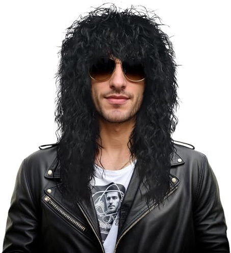 VGbeaty män kvinnor lång lockig svart 70-tal 80-tal rocker hockeyperuk | Halloween cosplay kostym anime fest