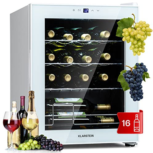 KLARSTEIN Vinoteca 16 Botellas, Nevera Vinos de Una Zona, Nevera Expositora Vino y Cerveza, Vinoteca Pequeña Panel Táctil con Puerta de Cristal, Nevera Vino Protección UV, Temperatura 5-18°C