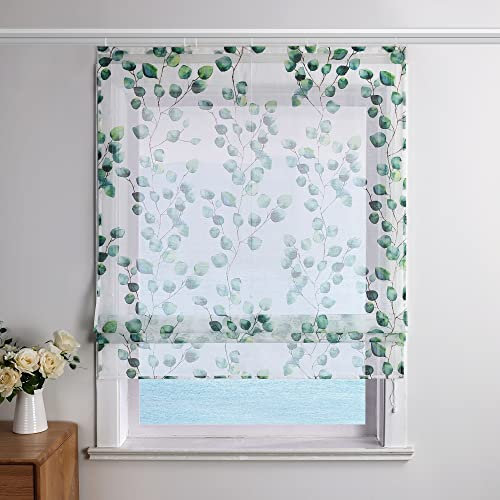 ESLIR Raffrollo mit Klettband Raffgardine Leinen Küche Gardinen Modern Bändchenrollo Transparent Vorhänge Grün BxH 80x140cm 1 Stück