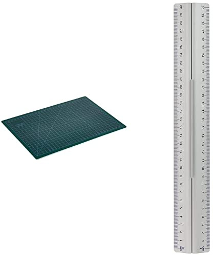 Wedo 79130 Schneideunterlage Cutting Mat A4 (CM 30, selbstschließende Oberfläche, 30 x 22 x 0,3 cm) grün & 525235 Lineal aus Aluminium 30 cm mit Griff für Rechts- und Linkshänder, silber