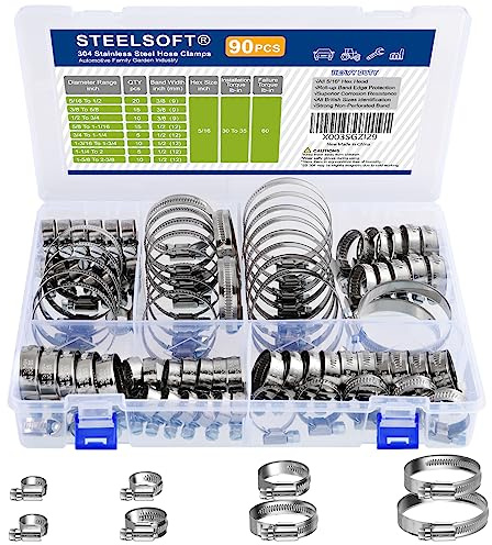 Steelsoft Heavy Duty Worm Gear Hose Clamp Assortment Kit 5/16 to 2-3/8(8-60mm) Large Rack 90PCS, All 5/16HEX, Adjustable Hose Clamps Stainless Steel for Automotive Radiator/Fuel line/Pool Pipe Tube