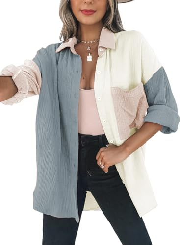 Dokotoo Bluse Damen Musselin Langarmshirt Baumwolle Lässig Oberteile Hemd Langarm Farbblock Blusen Shirts Knopfleiste Tops Hemdjacke Grau S
