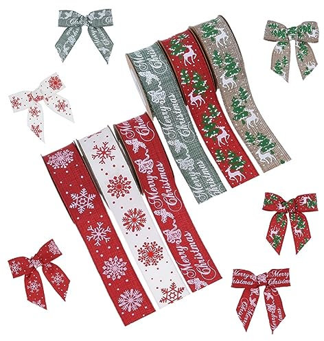 Egurs Dekoband Weihnachten 6 Rollen 25mm Weihnachtsbänder Juteband mit Draht Schneeflocken Elch Muster Schleifenband Weihnachtsbaum Dekoration Bänder Sackleinenband Geschenke Verpacken Stoffband