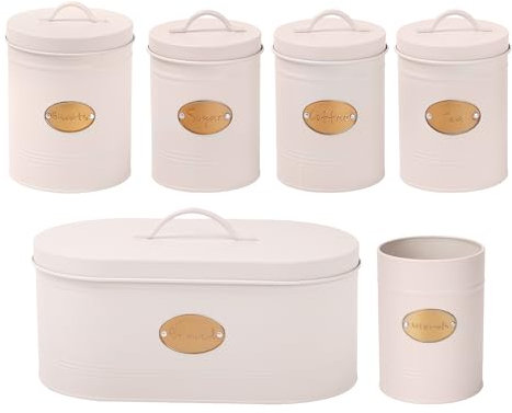DANIEL JAMES Housewares Kitchen Canister Set - 6 Piece Cream Tins, Tea, Coffee, Sugar, Biscuit, Bread Bin, Utensil, Kitchen Storage Set with Lids, Airtight Food Storage, Powder Coated Steel - Cream