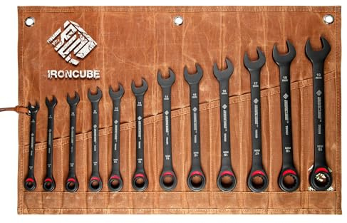 ironcube Ratcheting Wrench Set, 12-Piece Metric 8-19mm, CR-V Steel, Tough Black, with Wax Canvas Storage Bag for Off-Road Tool Kits Backup - red