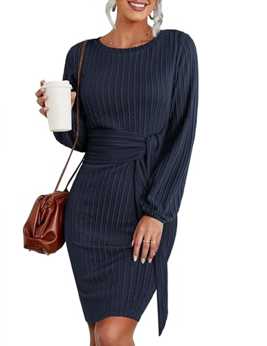 Hotouch Robe Pull Femme Elégant Robe Tricoté Manche Longue Robe Automne Hiver Casual Tunique Jupe Robe Moulante Slim avec Ceinture Chic Lilas Bleu L