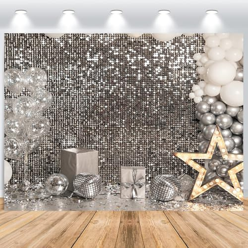 ASDCXZ Toile de Fond de Fête Disco Argent 2.2x1.5m, Imprimer Paillettes Argenté Ballon Étoiles Photographie Toile de Fond pour Mariage Anniversaire Nouvel an Disco Soirée Décor Studio Accessoires