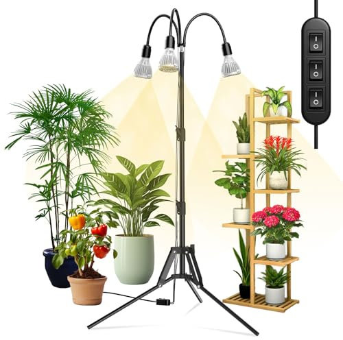 SANSI Grow Light for Indoor Plants, 90W 3-Head Full Spectrum LED Plant Lamp with Removable E27 Grow Bulbs for Growing Large Tall Plants, 40-110cm Adjustable Tripod Stand, 360° Gooseneck Heads