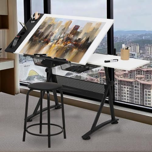 SFIHOME Drafting Table with Height Adjustable Wood Top, Drawing Table with Storage Drawers, Extendable Design, Art Desk Ideal for Drawing, Painting, Writing, Home Office, White