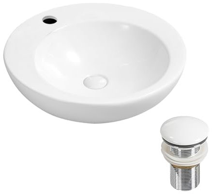NUESTRA VIDA Lavabo en Céramique Blanc Brillant, Ø 45 x 13 cm, Vasque Ronde à Poser en céramique, Cuvette avec Bonde Lavabo sans Trop-Plein Inclus, Lave-Mains pour Salle de Bain