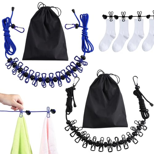 2 pezzi Stendibiancheria Da Viaggio,Stendino da Viaggio Pieghevoli,Filo Stendi Biancheria Allungabile,con 12 Clip E 13 Fibbie Di Posizionamento,stendini piccoli dal viaggios