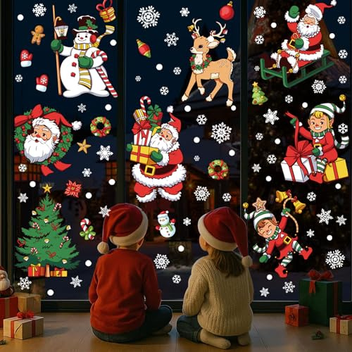Vetrofanie Natalizie per Finestre, Adesivi Natalizi Finestra Removibili Riutilizzabili Grandi Vetrofania per Vetrine Negozi Porte Vetri, Decorazioni Fiocco di Neve Babbo Natale Stickers per Bambini