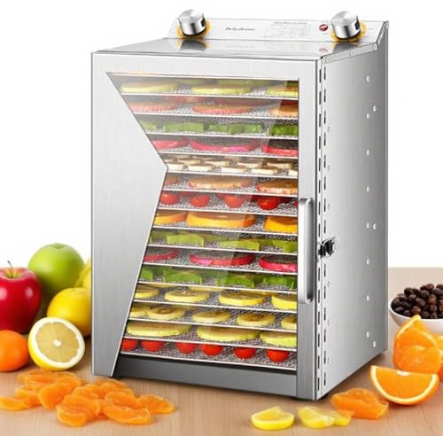 Déshydrateur Alimentaire Inox 800W avec Minuterie, Machine à Déshydrater Fruits, Légumes, Viande, Herbes, Séchage Rapide 360°, Grande Capacité, Facile à Utiliser et Nettoyer(18Layers)
